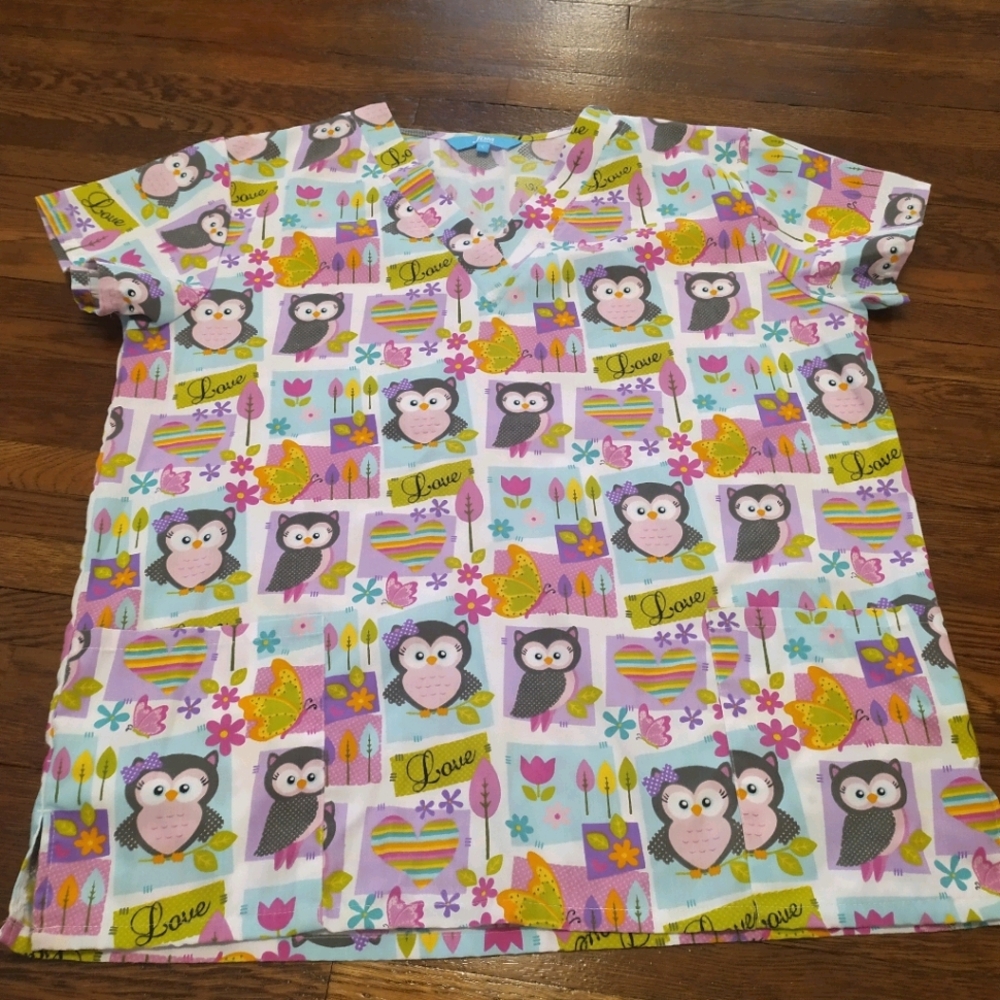 EUC JDM Uniforms owl floral print scrub top